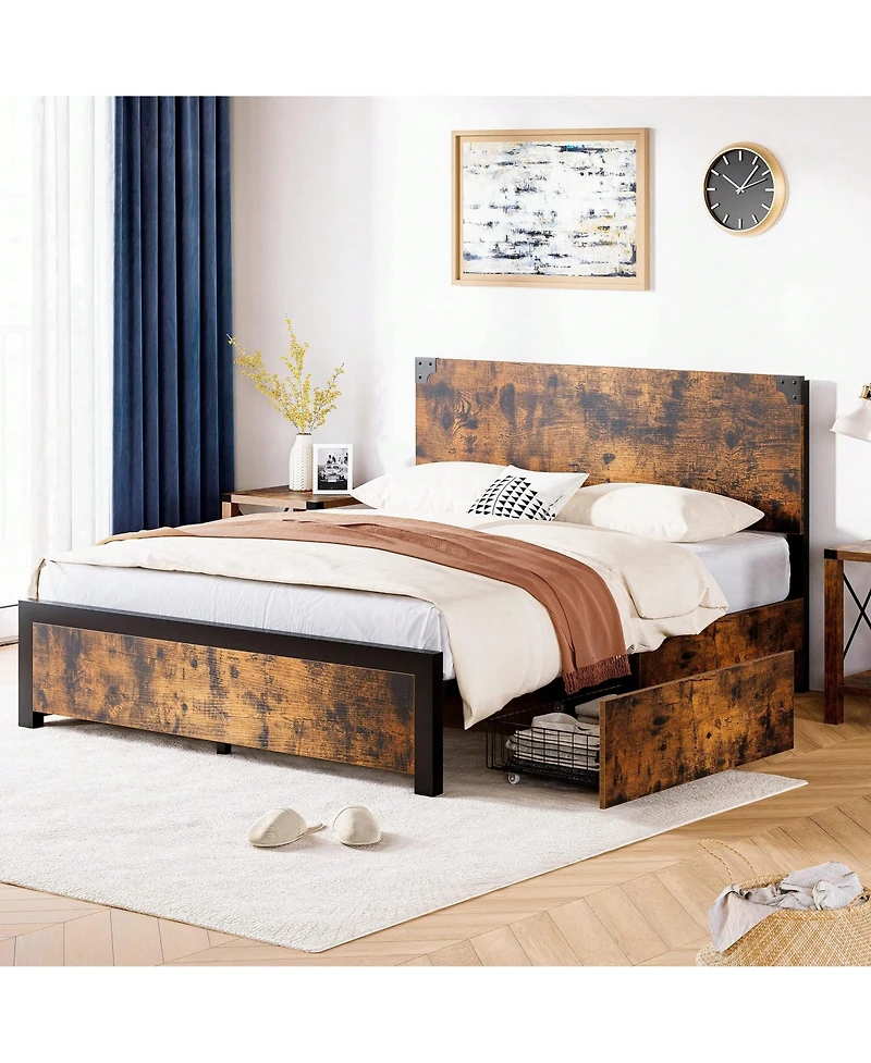 gaomon Full/Queen Bed Frame With 4 Drawers,Bed Frame With Storage, Full Metal Platform Bed Frame With Wood Headboard, Noise Free, No Box Spring Needed