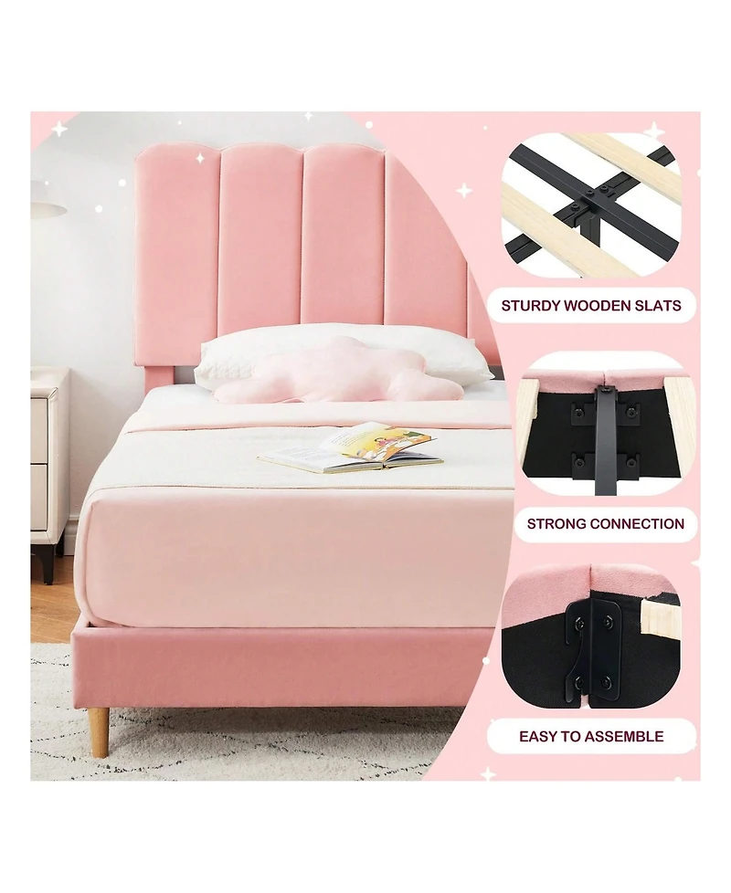 gaomon Twin Bed Frame For Girls, Velvet Upholstered With Headboard, No Box Spring Needed, Wooden Slats Support, Easy Assembly