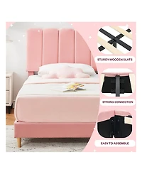 gaomon Twin Bed Frame For Girls, Velvet Upholstered With Headboard, No Box Spring Needed, Wooden Slats Support, Easy Assembly