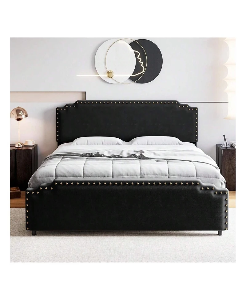 gaomon Full/Queen/King Bed Frame, Velvet Upholstered Platform Frame With Rivet Decor Headboard And Strong Wood Slat Support, No Box Spring Ne