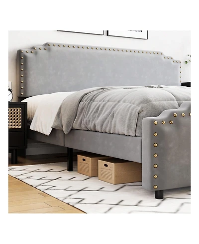 gaomon Full/Queen/King Size Bed Frame, Velvet Upholstered Platform Bed Frame With Rivet Decor Headboard And Strong Wood Slat Support, No Box Spring Ne
