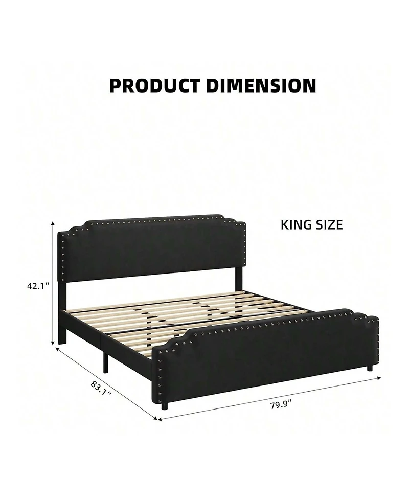 gaomon Full/Queen/King Bed Frame, Velvet Upholstered Platform Frame With Rivet Decor Headboard And Strong Wood Slat Support, No Box Spring Ne