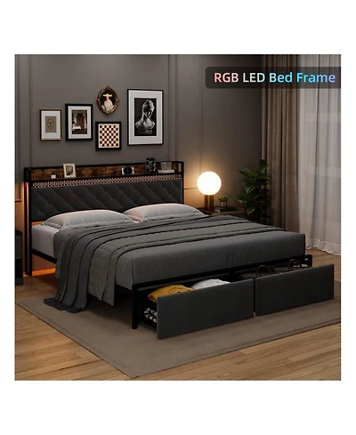 gaomon Full/Queen/King Led Bed Frame With Headboard, Upholstered Platform Bed With Charge Station And Storage Drawers, Heavy Duty Metal Slats, No Box