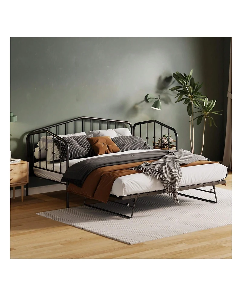gaomon Twin Size Metal Daybed With Trundle,Sofa Bed Frame With Portable Folding Trundle For Kids Teens Adults, Steel Slat Support,Easy To Assemble & N