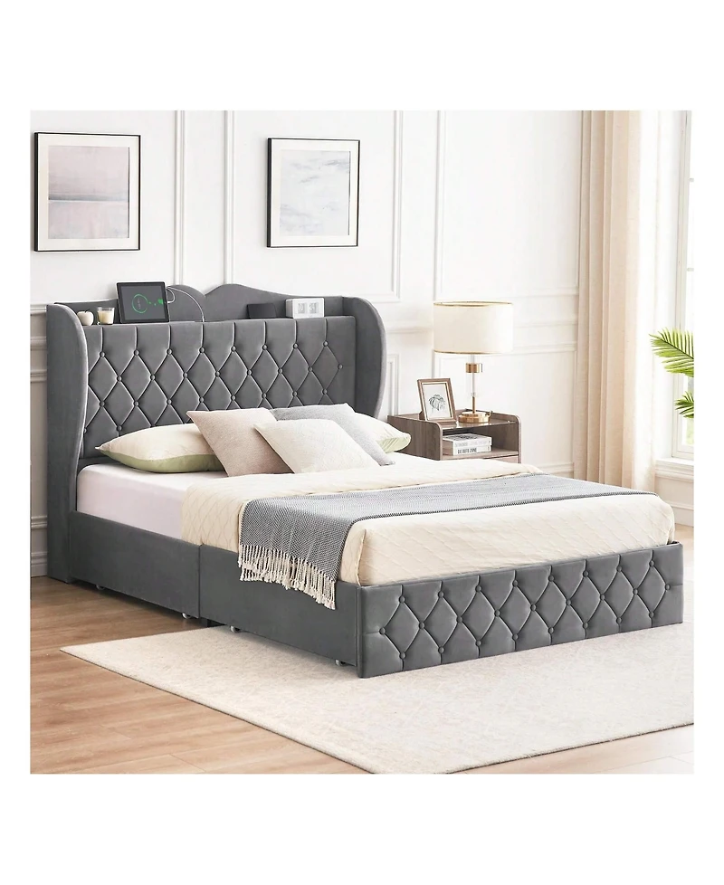 gaomon Bed Frame With Charging Station And 4 Storage Drawers, Velvet Upholstered Tall Tufted Wingback Headboard And Storage Shelf, No Box Spring Neede
