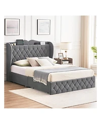 gaomon Bed Frame With Charging Station And 4 Storage Drawers, Velvet Upholstered Tall Tufted Wingback Headboard And Storage Shelf, No Box Spring Neede