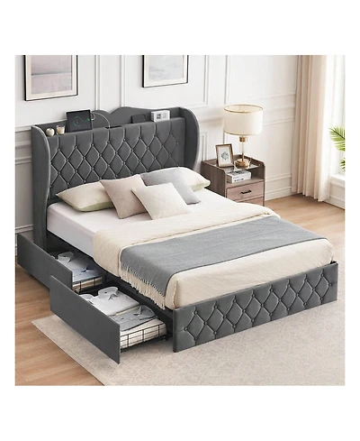 gaomon Bed Frame With Charging Station And 4 Storage Drawers, Velvet Upholstered Tall Tufted Wingback Headboard And Storage Shelf, No Box Spring Neede