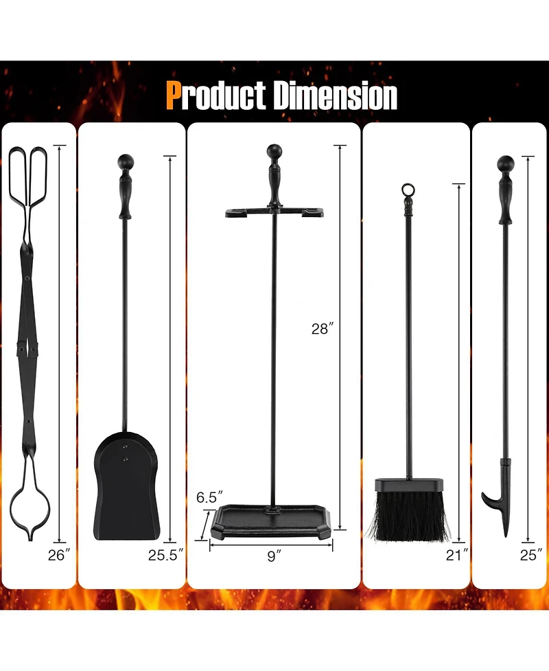 Gouun 5-Piece Fireplace Tool Set with Tong Brush Shovel Poker Stand-Black