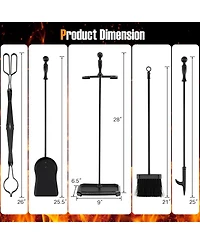 Gouun 5-Piece Fireplace Tool Set with Tong Brush Shovel Poker Stand-Black