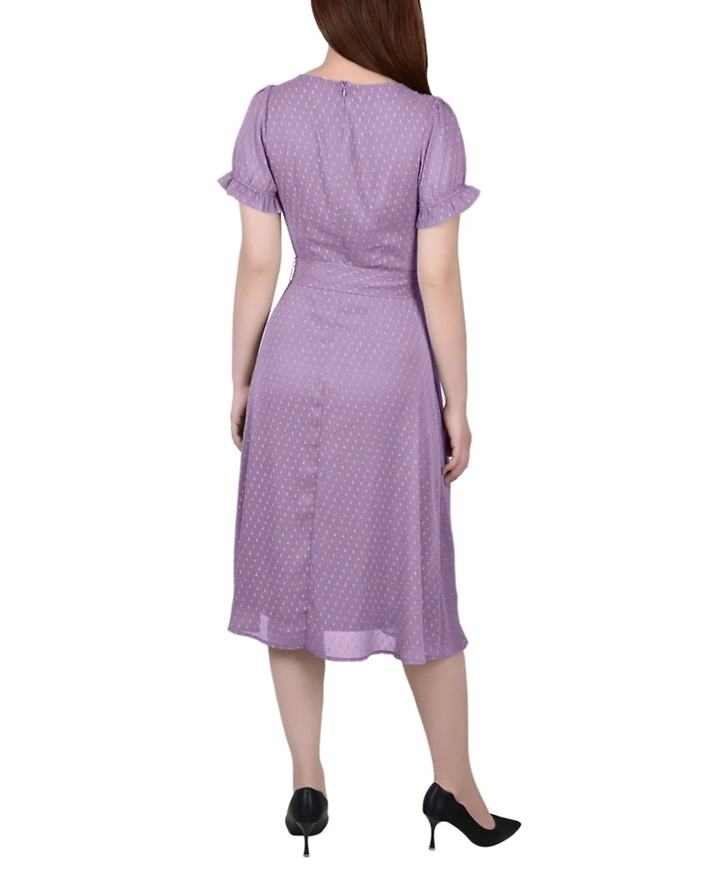 Ny Collection Women's Short Sleeve Belted Swiss Dot Dress