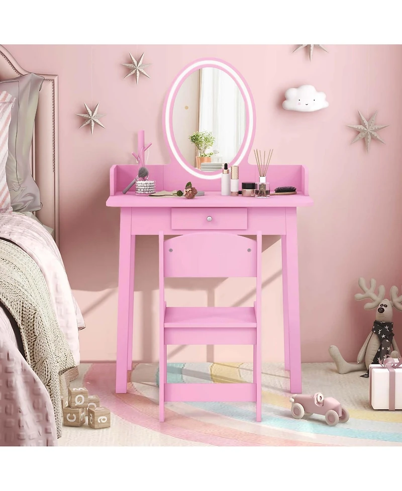 Kids Vanity Set with Lighted Mirror Chair 2-Color Led Lighting for Girls Makeup