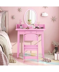 Kids Vanity Set with Lighted Mirror Chair 2-Color Led Lighting for Girls Makeup