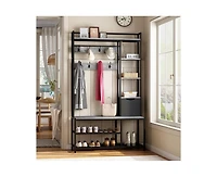 gaomon 5-in-1 Coat Rack, Hall Tree with Bench and Shoe Storage, Freestanding Entryway Bench with 5-Tier Open Shelves, Fabric Storage Basket and 12 Hoo