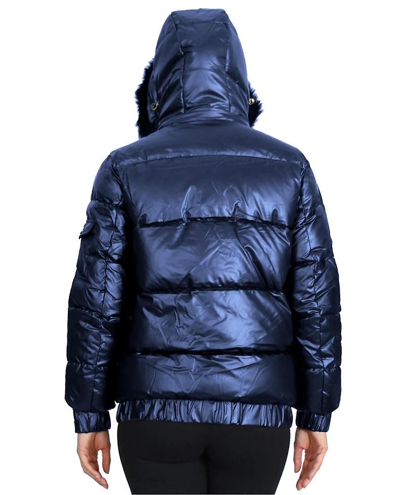 Galaxy By Harvic Women's Full Zip Heavyweight Bubble Jacket with Detachable Faux Fur Hood
