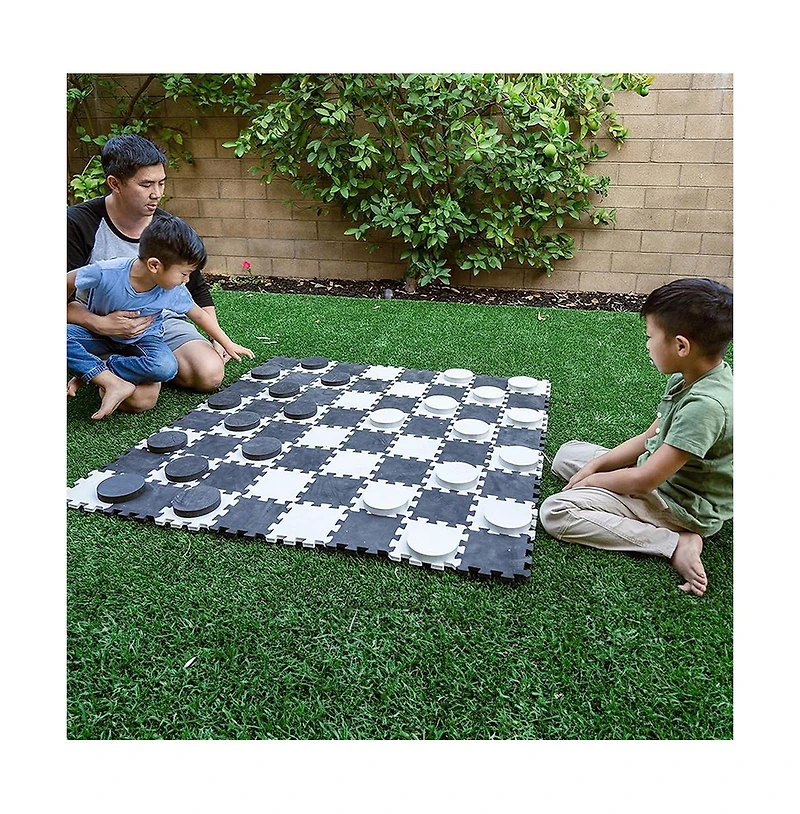2-in-1 Premium Giant Checkers & Tic Tac Toe Game (4ft x 4ft) | Checkerboard High Density Eva Foam Mat & Pieces w/ Bag