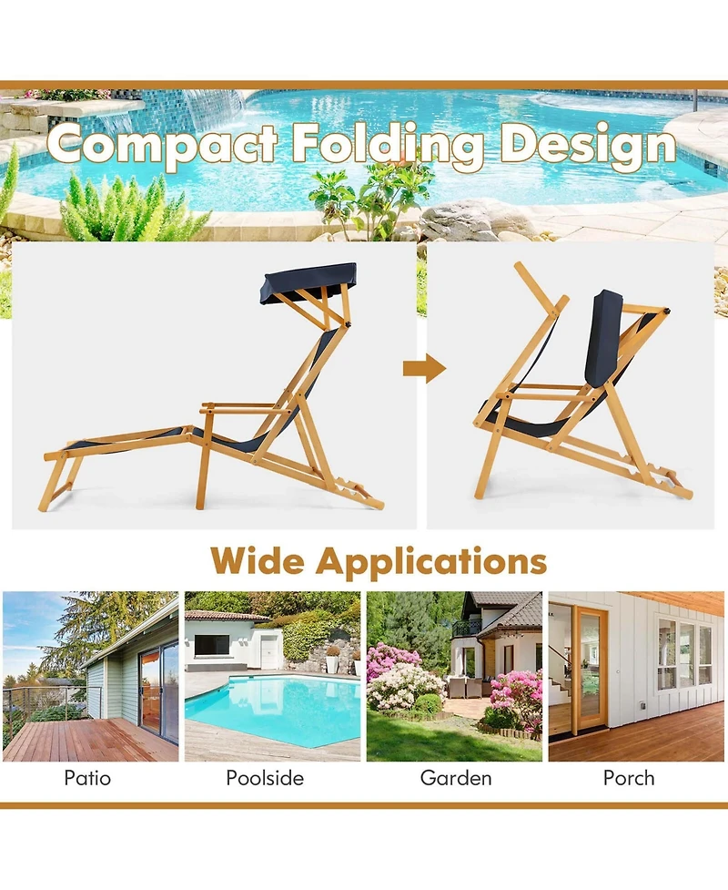 Costway Birch Wood Chaise Lounge Chair with Adjustable Canopy Reclining Backrest & Footrest