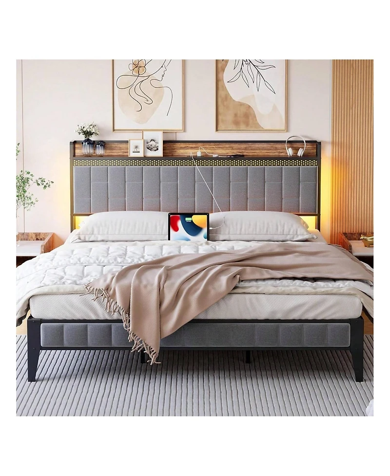 gaomon Full/Queen/King Size Bed Frame With Charging Station, Led Bed Frame With Storage Headboard, Upholstered Platform Bed Frame, No Box Spring Neede