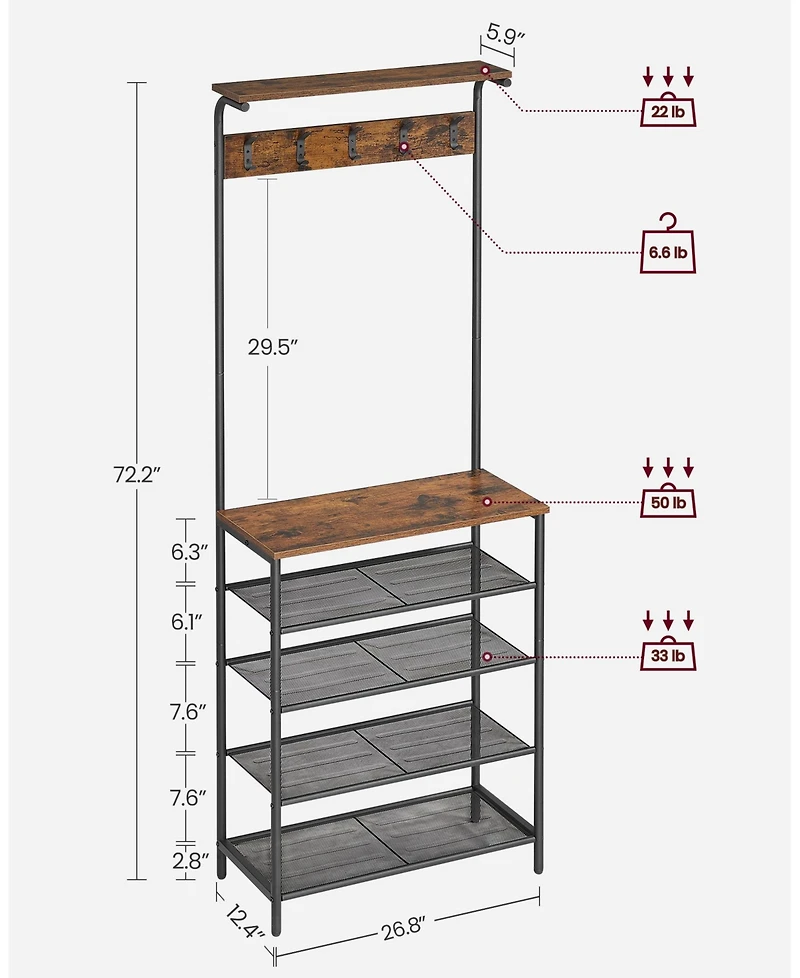 Songmics Home Entryway Hall Tree with 5 Tier Adjustable Shoe Rack, Rustic Brown & Black