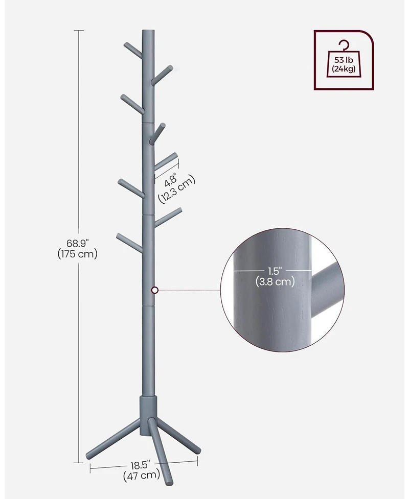 Songmics Home Solid Wood Free-Standing Coat Rack with 8 Hooks & 3 Adjustable Heights, Grey