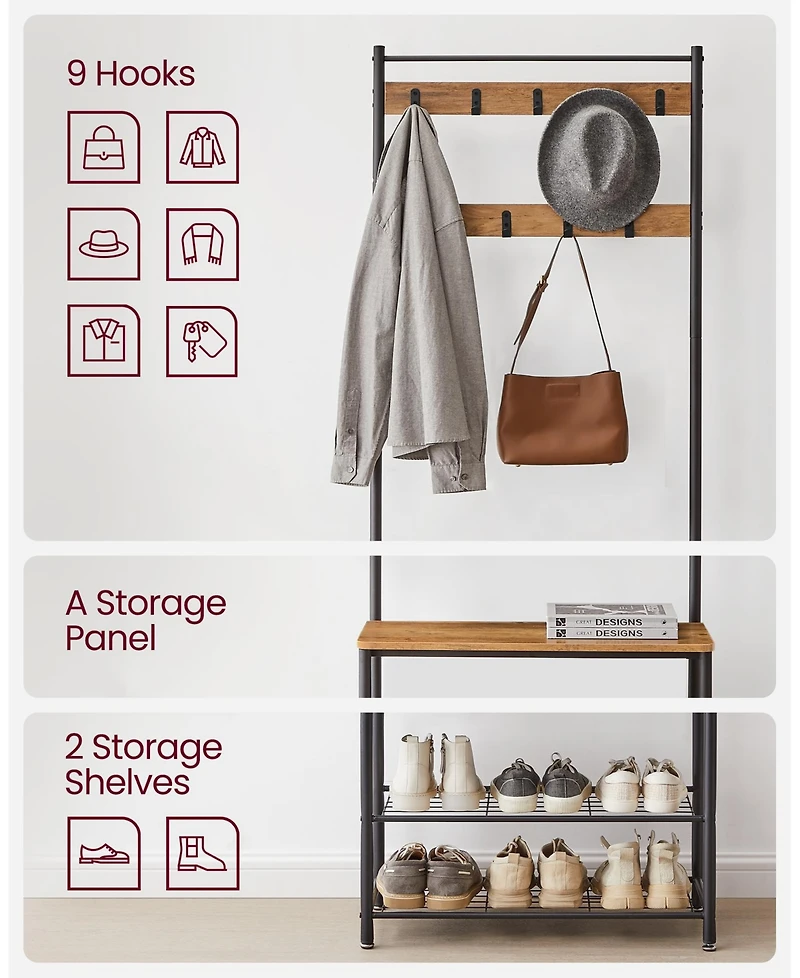 Songmics Home Entryway Industrial Style Coat Rack with Shoe Storage, 3-in-1 Design with Steel Frame, Grey