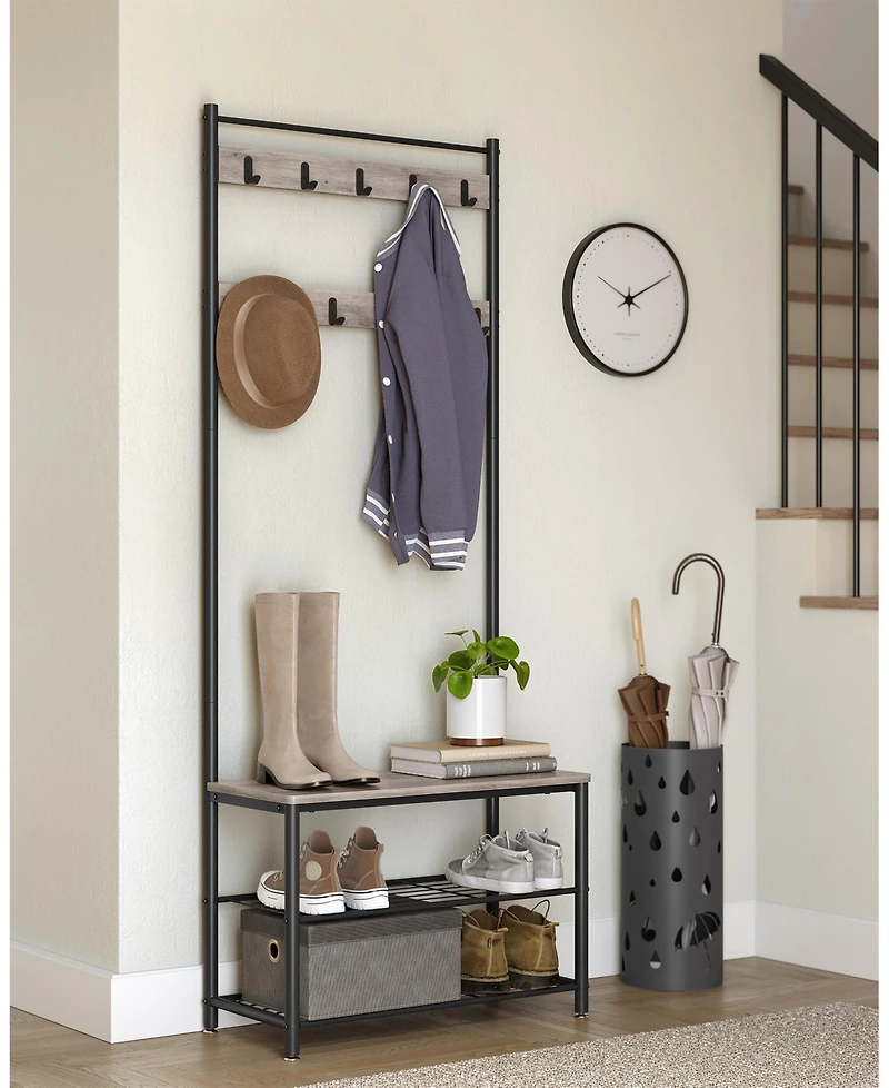 Songmics Home Entryway Industrial Style Coat Rack with Shoe Storage, 3-in-1 Design Steel Frame, Grey