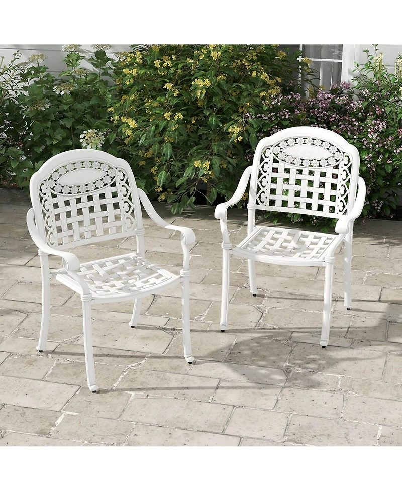 2 Pcs Patio Cast Aluminum Armrest Chairs Dining Stackable Outdoor