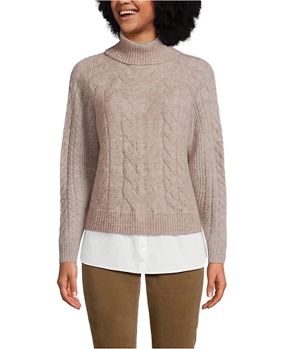 Lands' End Women's Cable Turtleneck with Mock Shirt Detail Sweater