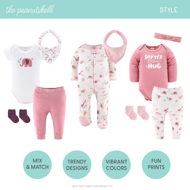 The Peanutshell Baby Girls Layette Gift Set Girls, Safari Rainbow, 23 Essential Pieces, Pink