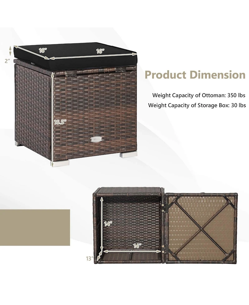 2PCS Patio Rattan Ottomans Seat Side Table Storage Box Footstool with Cushion