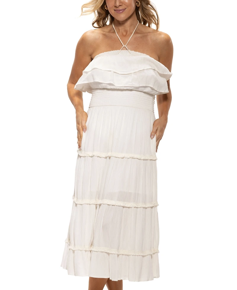Dotti Women's Ruffled Smocked-Waist Tiered Cover-Up Dress