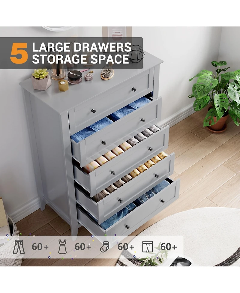 gaomon White 5 Chest of Drawer Dresser, Modern Tall Nightstand with Deep Drawers and Nickel Round Handle