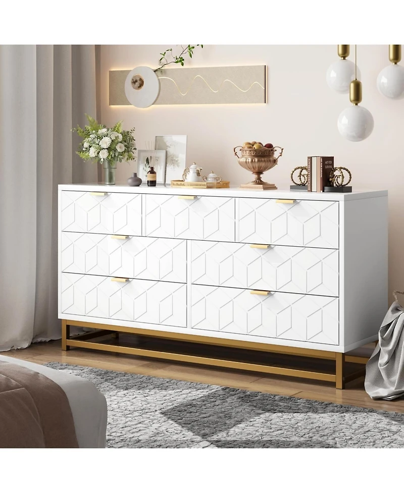 gaomon Dresser for Bedroom, Large 7 Drawer Dresser Organizer with Golden Metal Handle and Legs,White