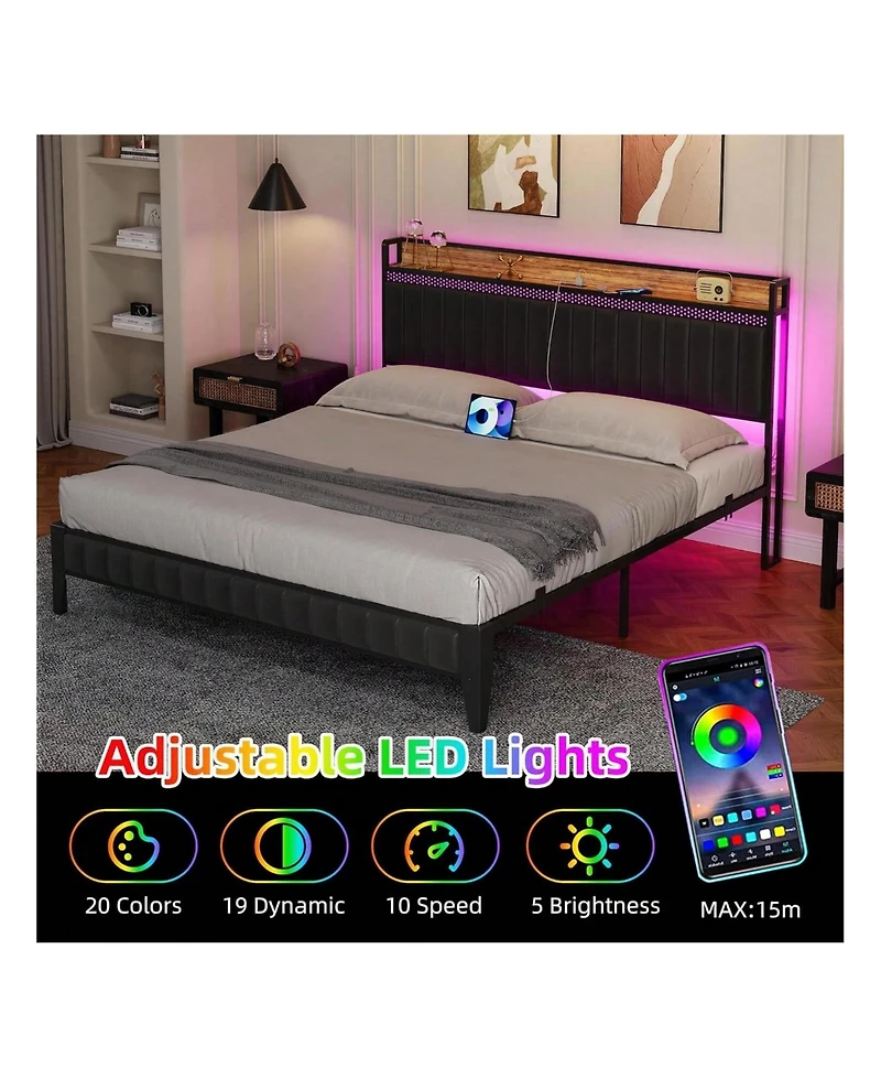 gaomon Full/Queen/King Size Bed Frame With Charging Station, Led Bed Frame With Storage Headboard, Upholstered Platform Bed Frame