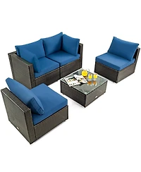 Sugift 5 Pieces Cushioned Patio Rattan Furniture Set with Glass Table