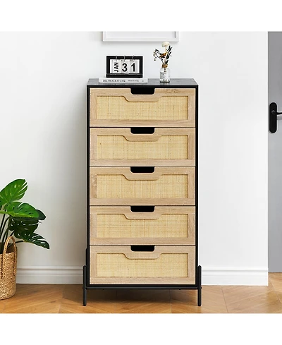 Modern Rattan 5 Drawers Dresser, Double Dresser for Bedroom, Chest of Drawers Closet Organizers and Storage Clothes
