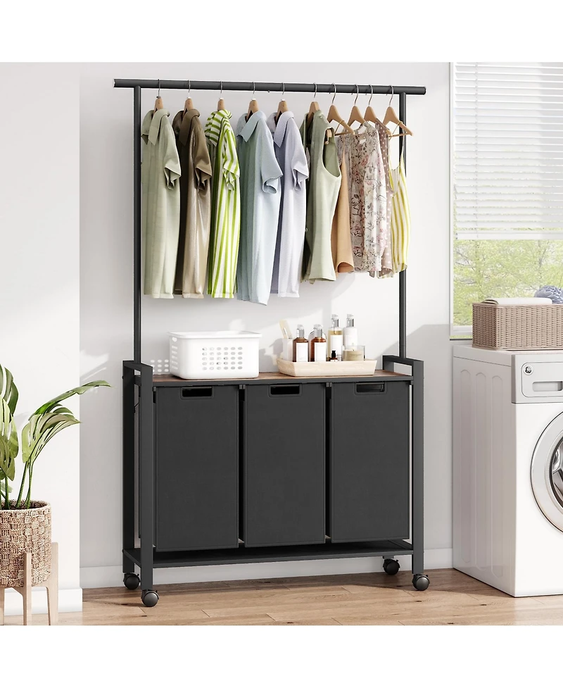 gaomon Laundry Sorter, Laundry Hamper 3-Section With Hanging Rack, Rolling Laundry Hamper With Removable Laundry Basket