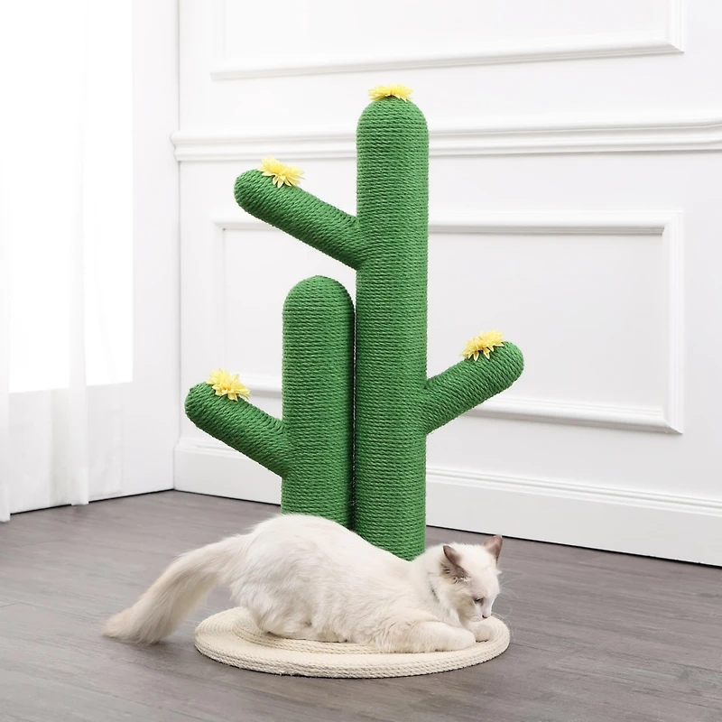 The Licker Store Socorro 34.25" Modern Jute Double-Cactus Cat Scratching Post with Flower Toys, Green/White