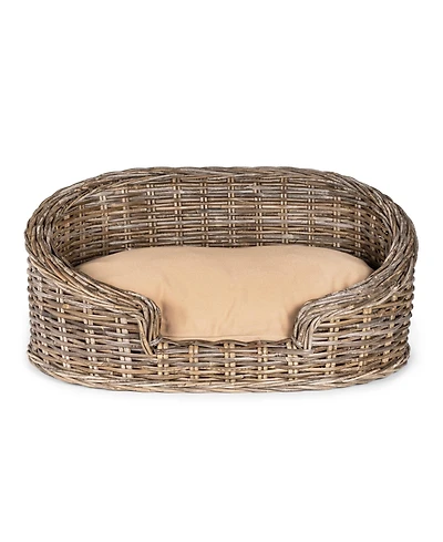 Curvy Classic Handwoven Rattan Pet Bed with Machine-Washable Cushion