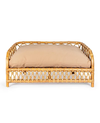 Elevated 27.5" x 17" Bohemian Handwoven Rattan Pet Daybed with Machine-Washable Cushion, Natural