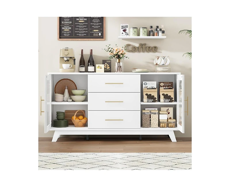 gaomon Coffer Bar Cabinet with 2 Fluted Glass Doors, 56" Modern Sideboard Buffet Cabinet with 3 Drawers