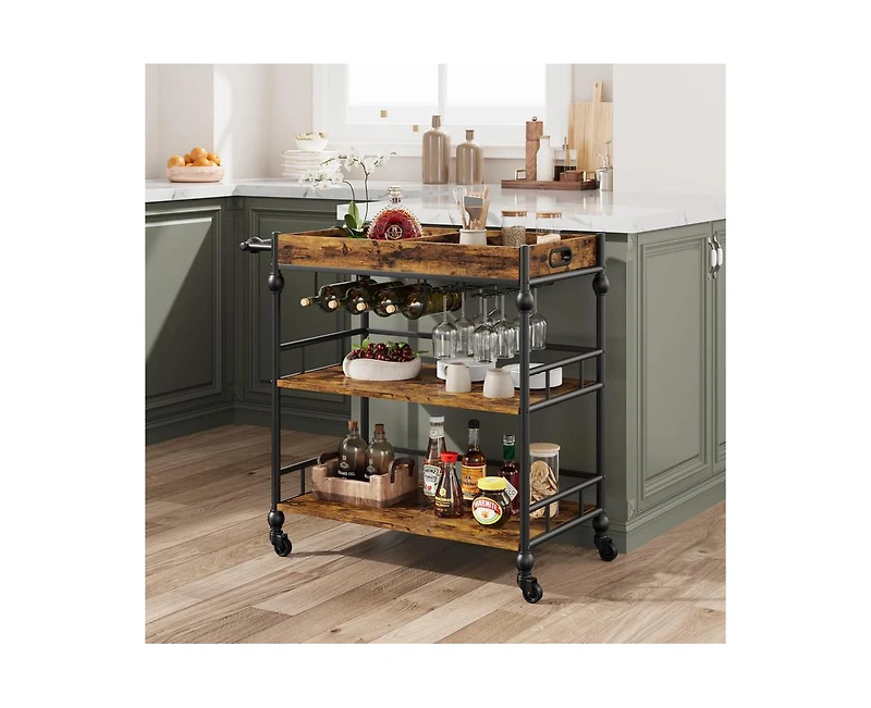gaomon 3-Tier Rolling Bar Cart with Wheels, Metal Serving Cart with Wine Rack & Removable Tray for Home, Kitchen, Dining Room, and Living Area-Retro B