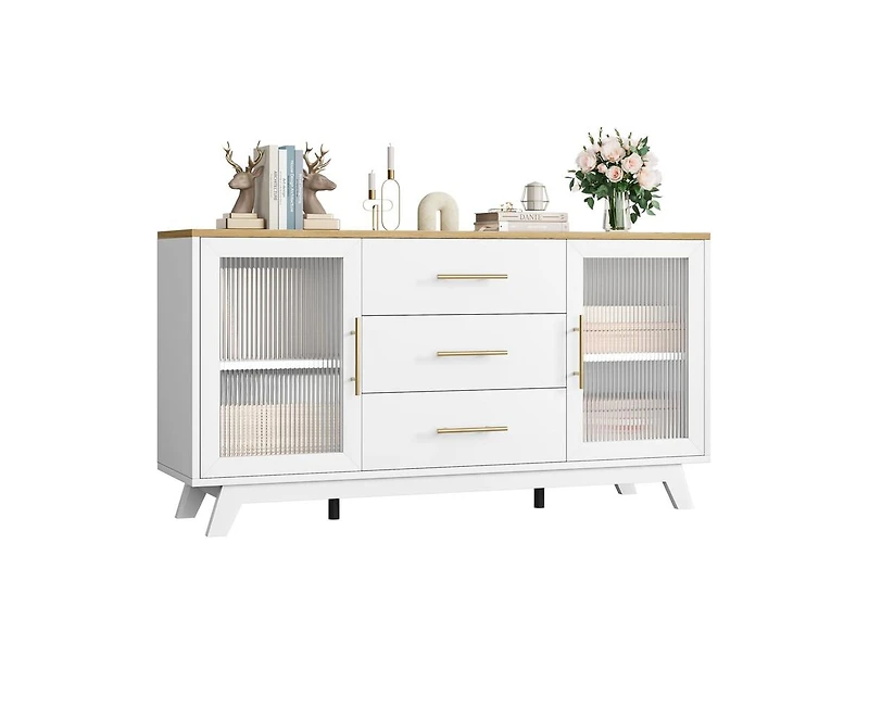 gaomon Coffer Bar Cabinet with 2 Fluted Glass Doors, 56" Modern Sideboard Buffet Cabinet with 3 Drawers, White Large Storage Cabinet for Kitchen Dinin