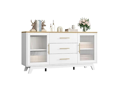 gaomon Coffer Bar Cabinet with 2 Fluted Glass Doors, 56" Modern Sideboard Buffet Cabinet with 3 Drawers, White Large Storage Cabinet for Kitchen Dinin
