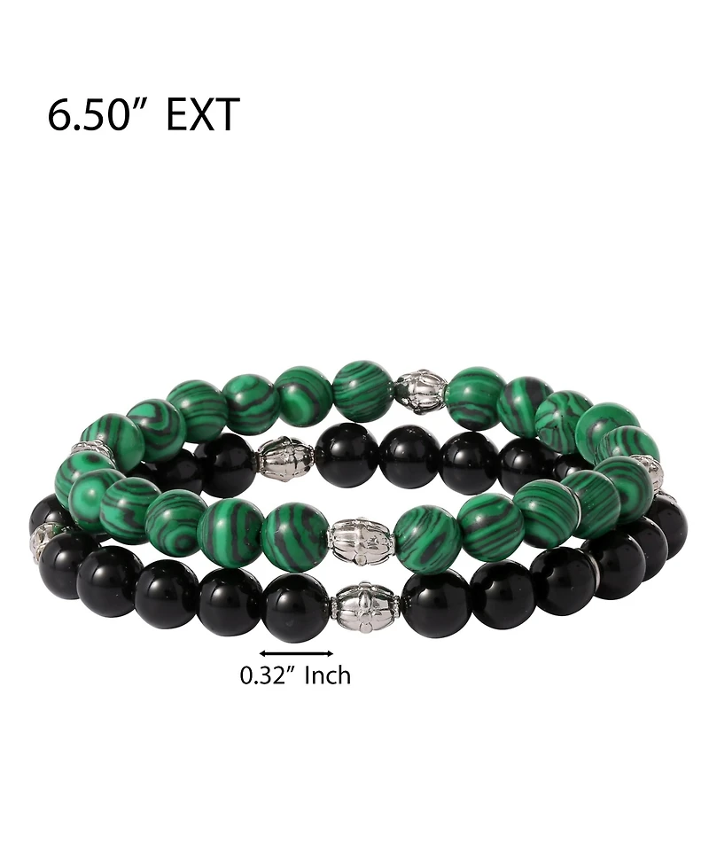 Lucky Brand Black and Green Beaded Stretch Bracelets - Two-Piece Natural Stone Set for Men