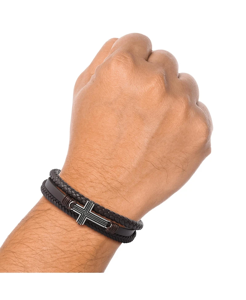 Lucky Brand Braided Leather Bracelet with Cross - Brown Leather Wrap Bracelet for Men