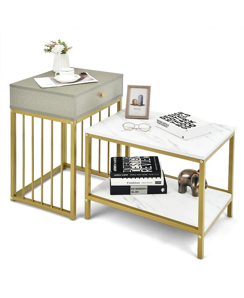 Skonyon 2 Pieces Modern Nesting Coffee Table Set with Drawer and Shelf