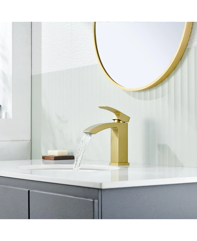 Flynama Single Handle Bathroom Faucet Waterfall Spout Commercial Modern Lavatory Deck Mount, Bathroom Faucet in Brushed Gold