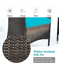 Sugift 4 Pieces Patio Rattan Sofa Set with Chairs and Glass Coffee Table