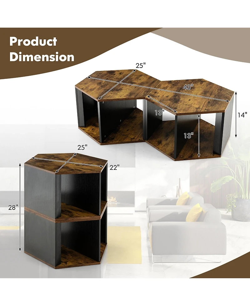 Gymax 2PCS Coffee Side End Table Nightstand Hexagonal for Living Office Coffee Room