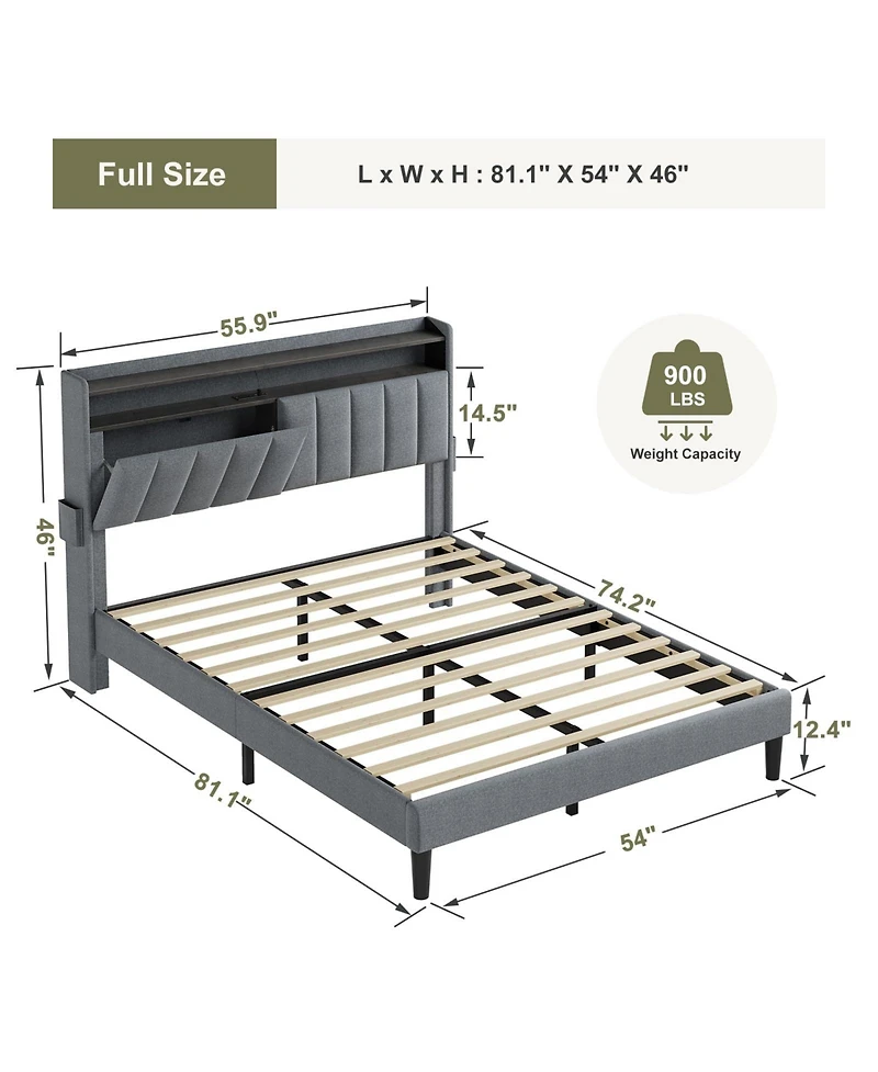 Hausource Queen/Full Size Bed Frame w/Storage Headboard & Charging Station & Led Light No Box Spring Needed, Full